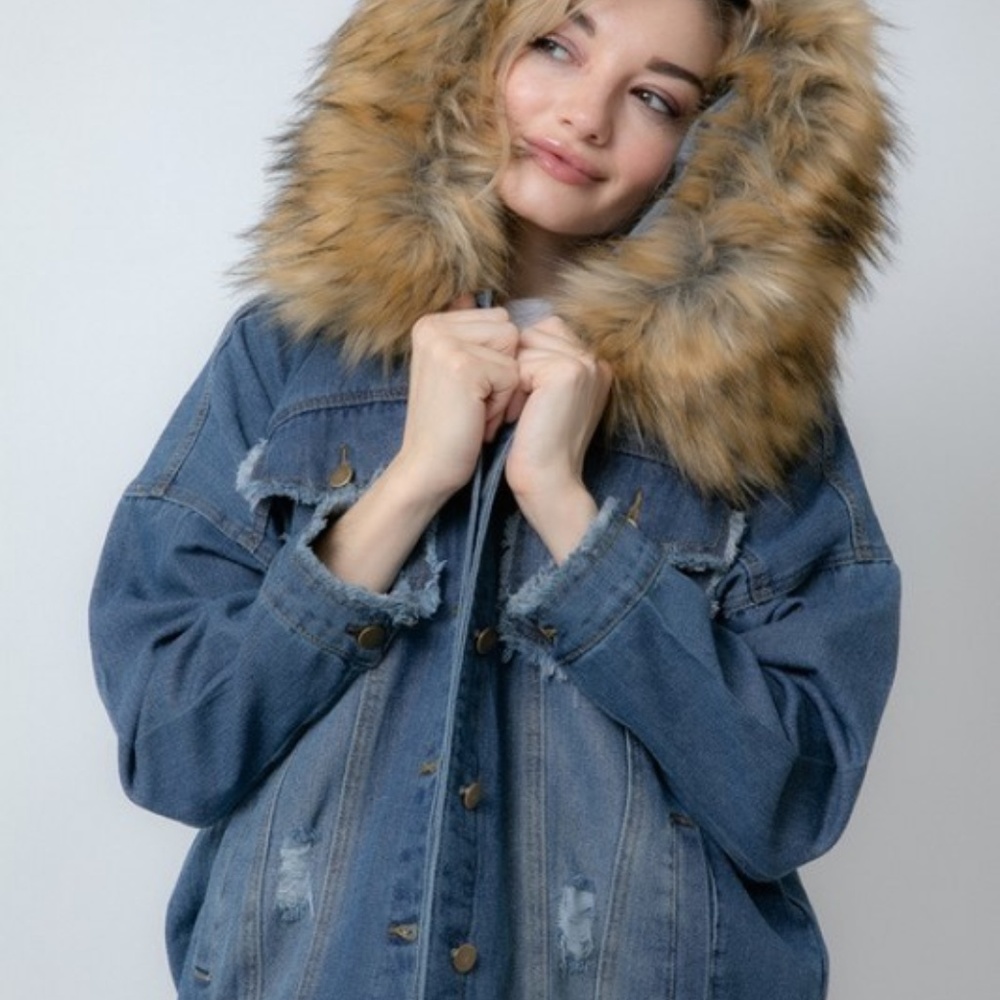 LAST ONE!  NWT Removable Fur Hooded Denim Jacket S - Picture 5 of 8
